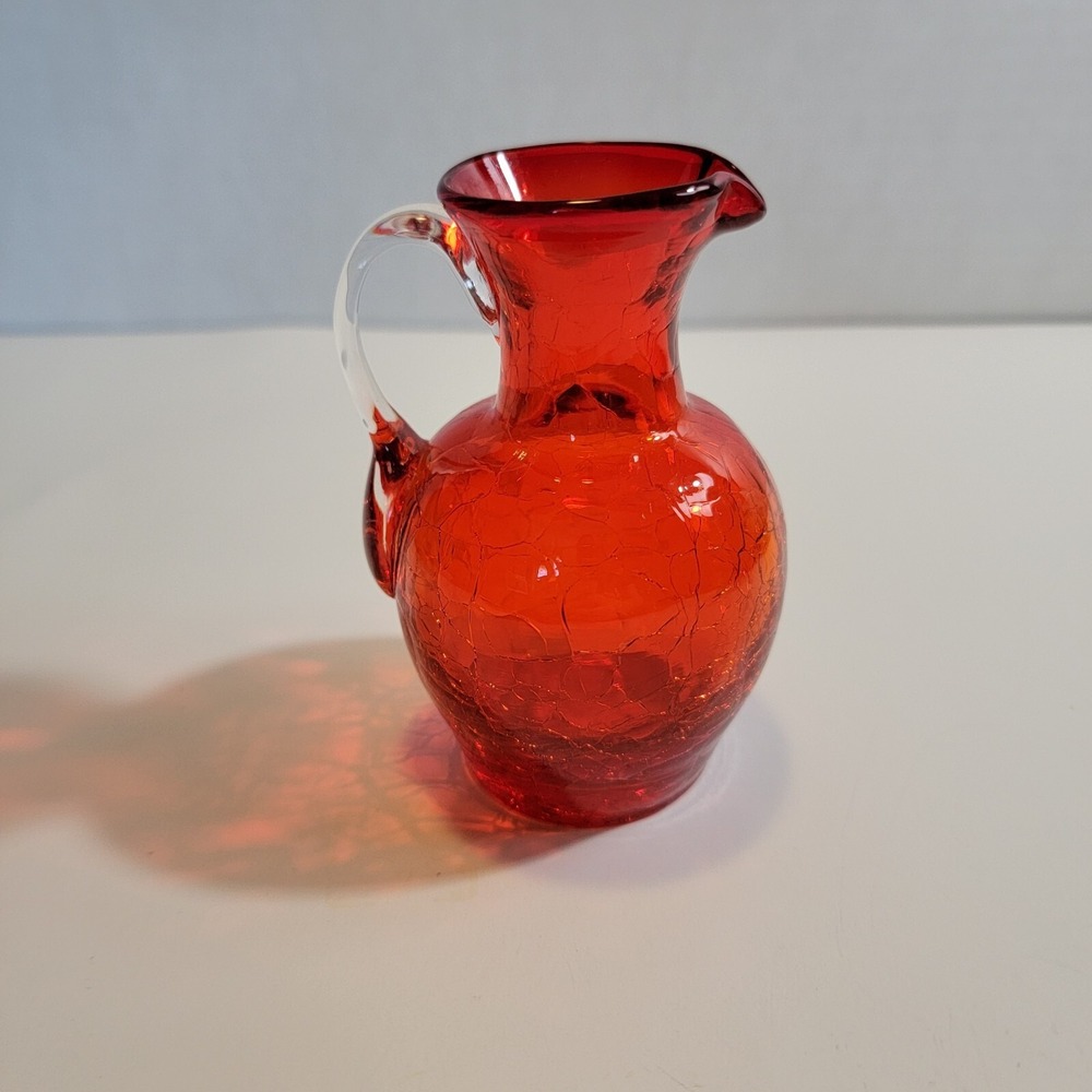 Crackle Red Glass Cruet With Applied Clear Handle Crimpled Edge